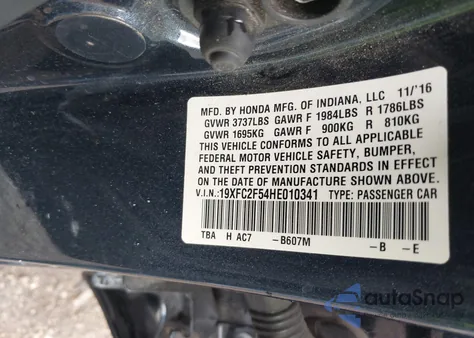 2017 Honda Civic Lx z USA, uszkodzony, nr VIN 19XFC2F54HE010341